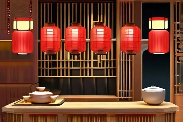 中式茶餐廳內部裝修效果圖，展示傳統木質家具和紅色燈籠