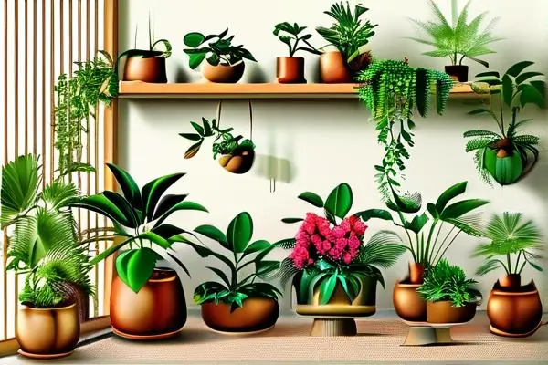 室內(nèi)盆栽植物和花卉布置的客廳場(chǎng)景
