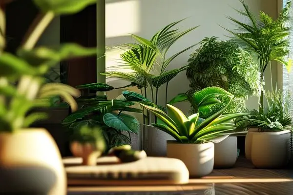 現代客廳中擺放的多種室內花卉盆景