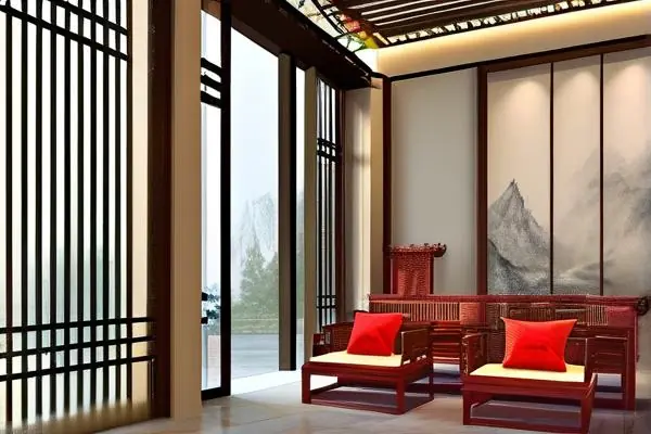 中式會所內部裝修效果圖，展示風水布局與傳統元素的結合