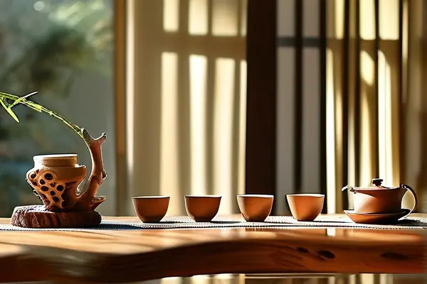 中式風(fēng)格竹木茶具與雕刻工藝品陳設(shè)