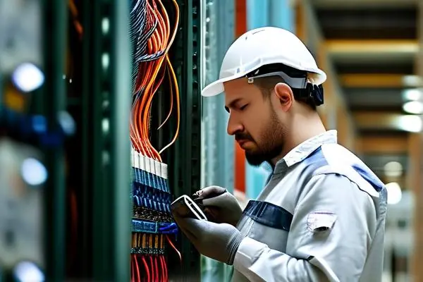 弱電施工驗收現(xiàn)場，技術人員正在檢測線路連接