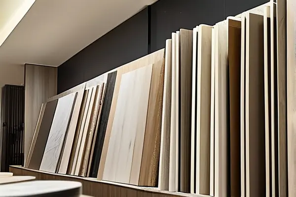 工人安裝環(huán)保板材施工實(shí)景及多品牌樣品對(duì)比