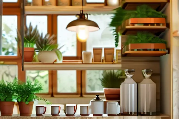 環(huán)?？Х鹊陜?nèi)部設(shè)計(jì)，木質(zhì)家具和綠色植物營造自然氛圍