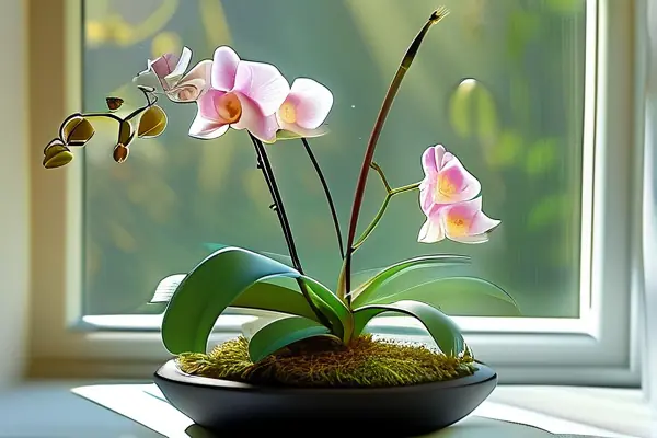 室內擺放的蘭花盆景，綠葉與花朵在陽光下顯得格外清新