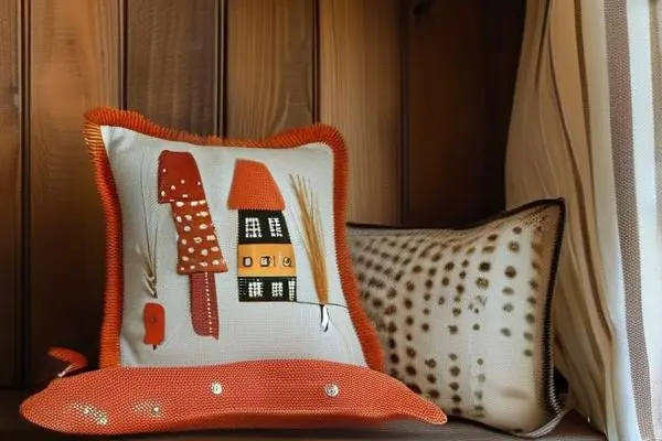 手工家裝布藝制作成品展示，包括抱枕、窗簾和墻飾，搭配縫紉工具