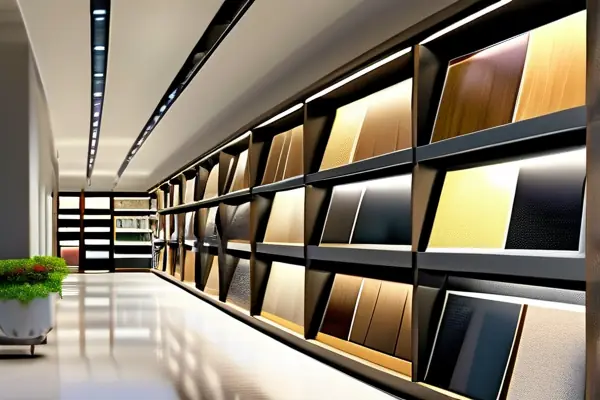 現代裝修材料展示廳，展示各類環保創新建材樣品