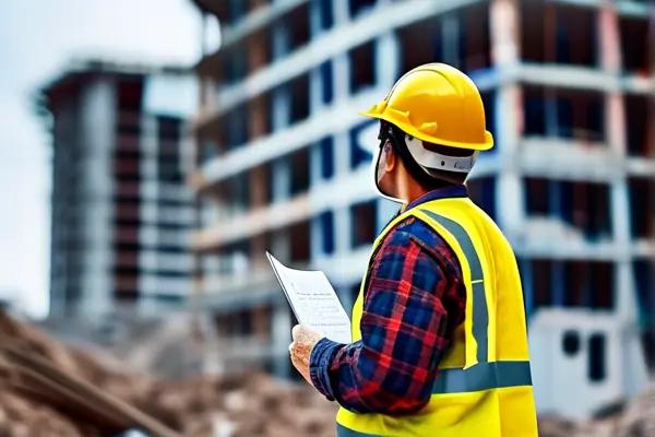 建筑工人查看辦公樓拆除報價單