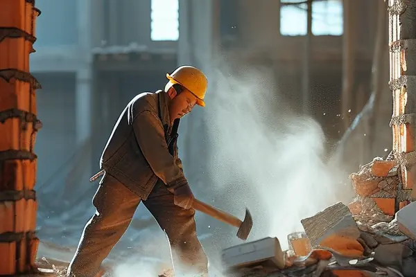 工人現場拆除舊房墻體作業實景