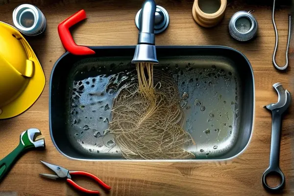 專業(yè)人員在裝修現(xiàn)場使用疏通工具清理廚房下水管道