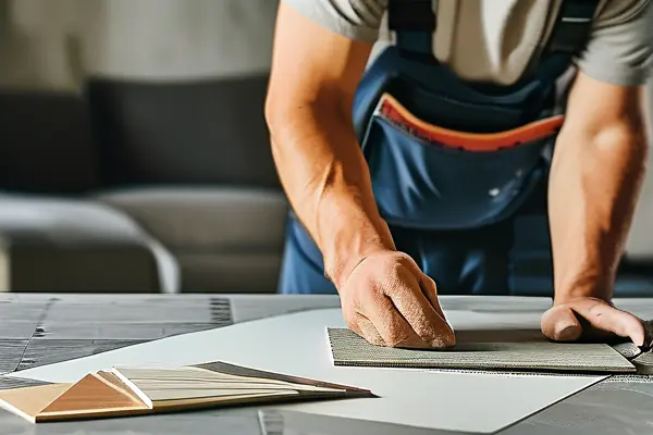 裝修師傅鋪貼地磚工作場景