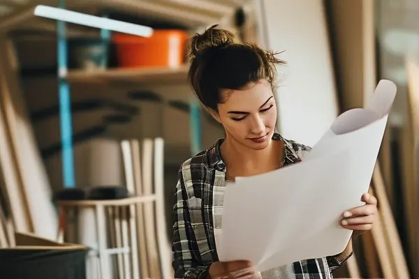 夫婦在裝修現(xiàn)場(chǎng)討論設(shè)計(jì)圖紙