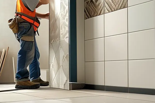 裝修工人鋪設瓷磚現場