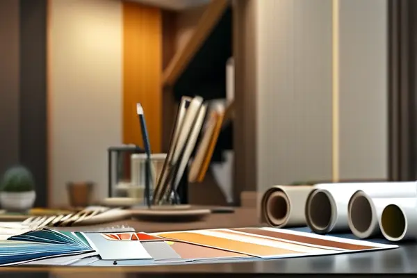設(shè)計(jì)師查看裝修圖紙和材料樣本